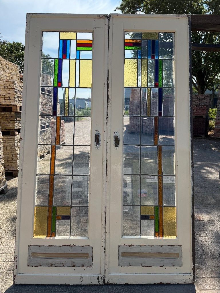 Set schuif / en-suite deuren met glas in lood 212x135cm., Antiek en Kunst, Curiosa en Brocante, Ophalen