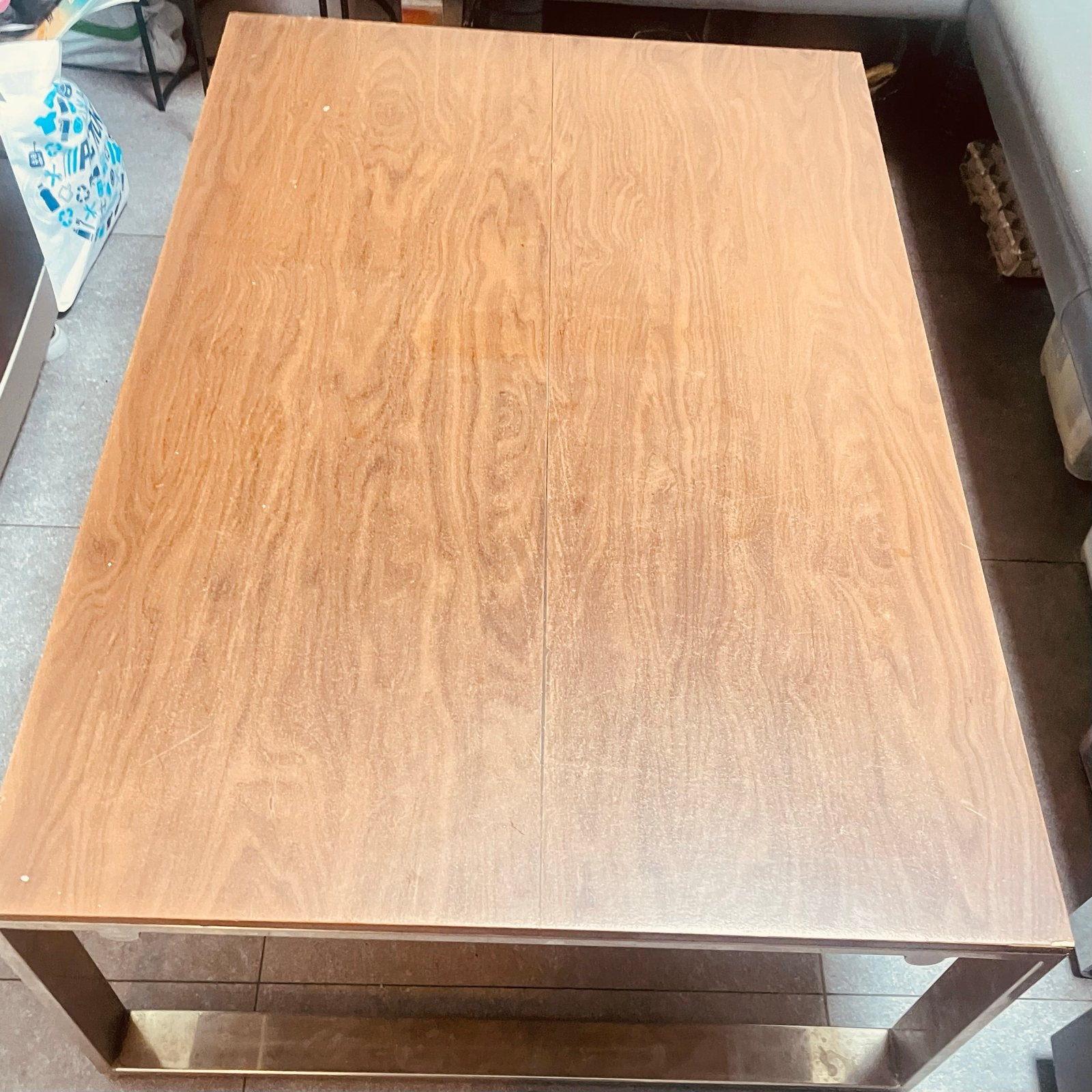 Salontafel met houten blad en metalen onderstel, 50 – 75, Gebruikt, 100 tot 150 cm, Ophalen of Verzenden