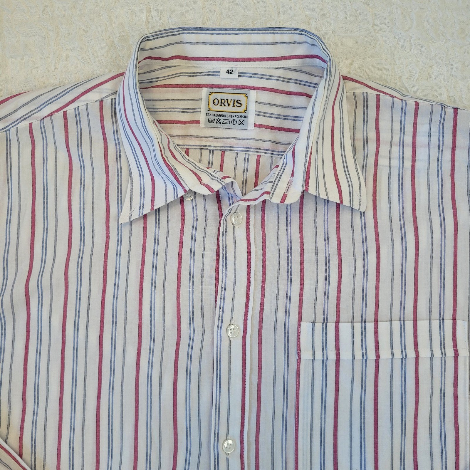 Orvis heren overhemd XL 42 gestreept wit rood blauw, Orvis, Overige kleuren, Ophalen of Verzenden, Zo goed als nieuw