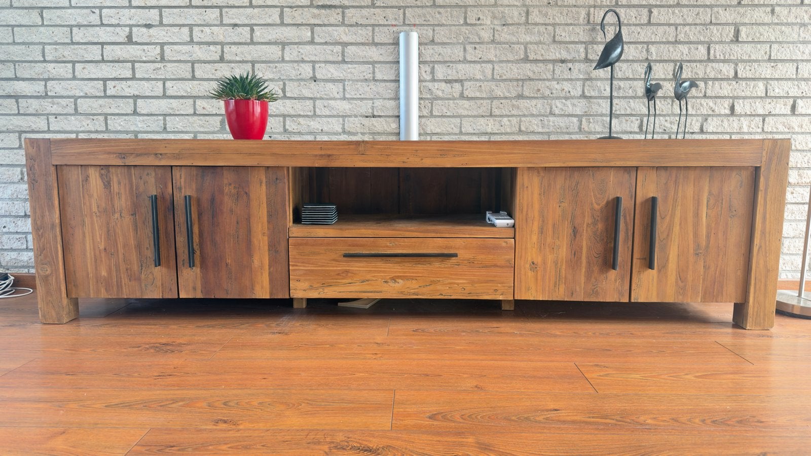 Robuust teak houten tv meubel met lade en opbergvakken, Ophalen, Gebruikt, 200 cm of meer, Minder dan 100 cm