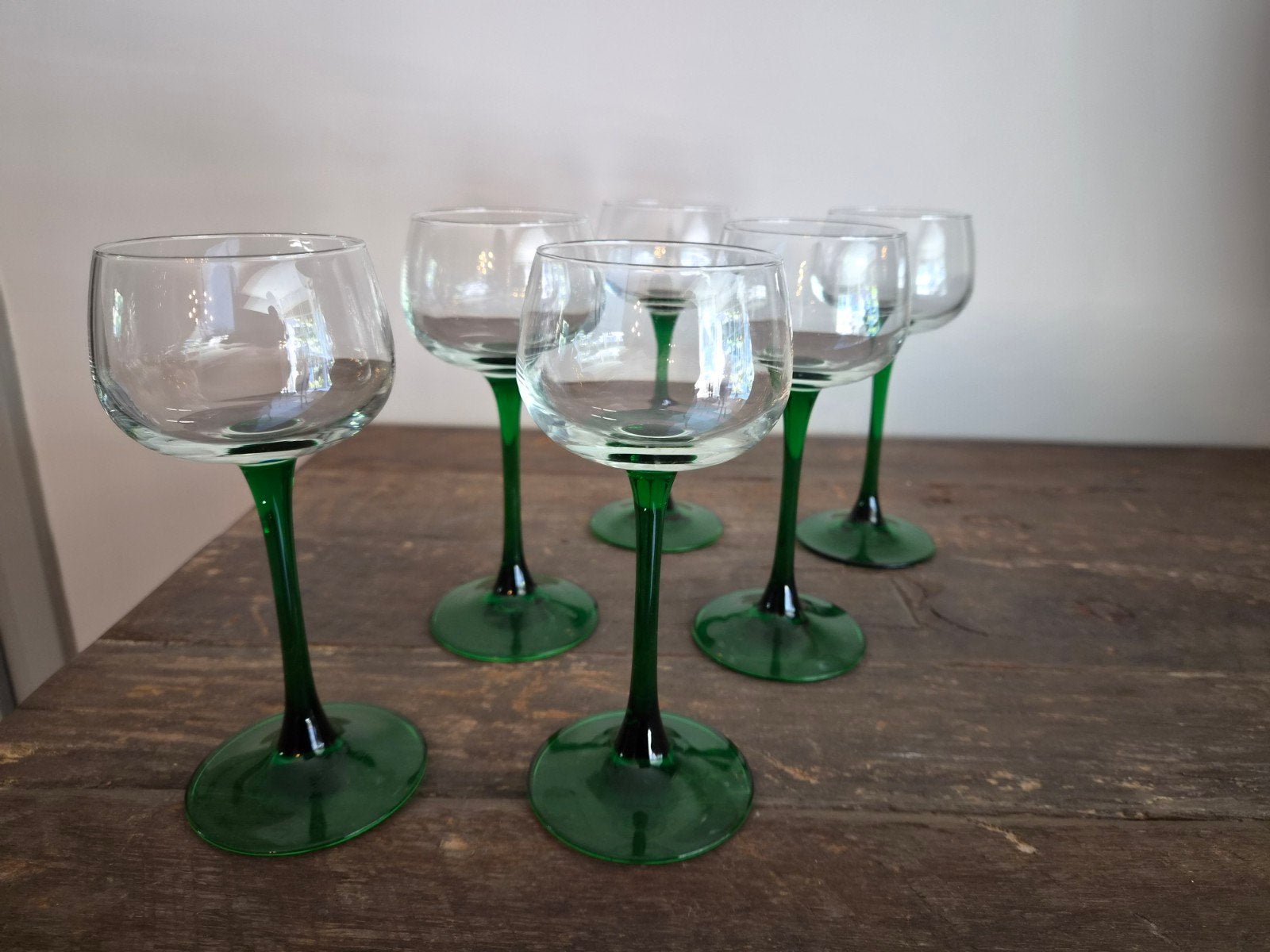 Vintage moezel/ Elzas wijnglazen Luminac  met groene voet, Ophalen of Verzenden, Zo goed als nieuw, Overige typen