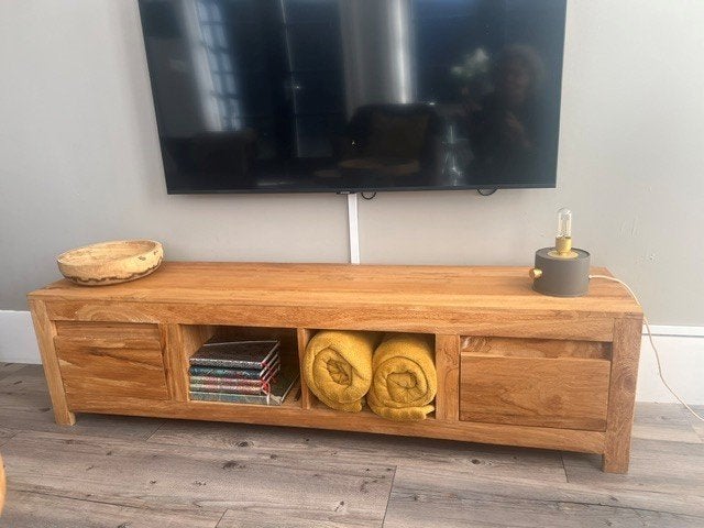 Teak houten tv-meubel met opbergruimte, Ophalen, Gebruikt, 150 tot 200 cm, Minder dan 100 cm