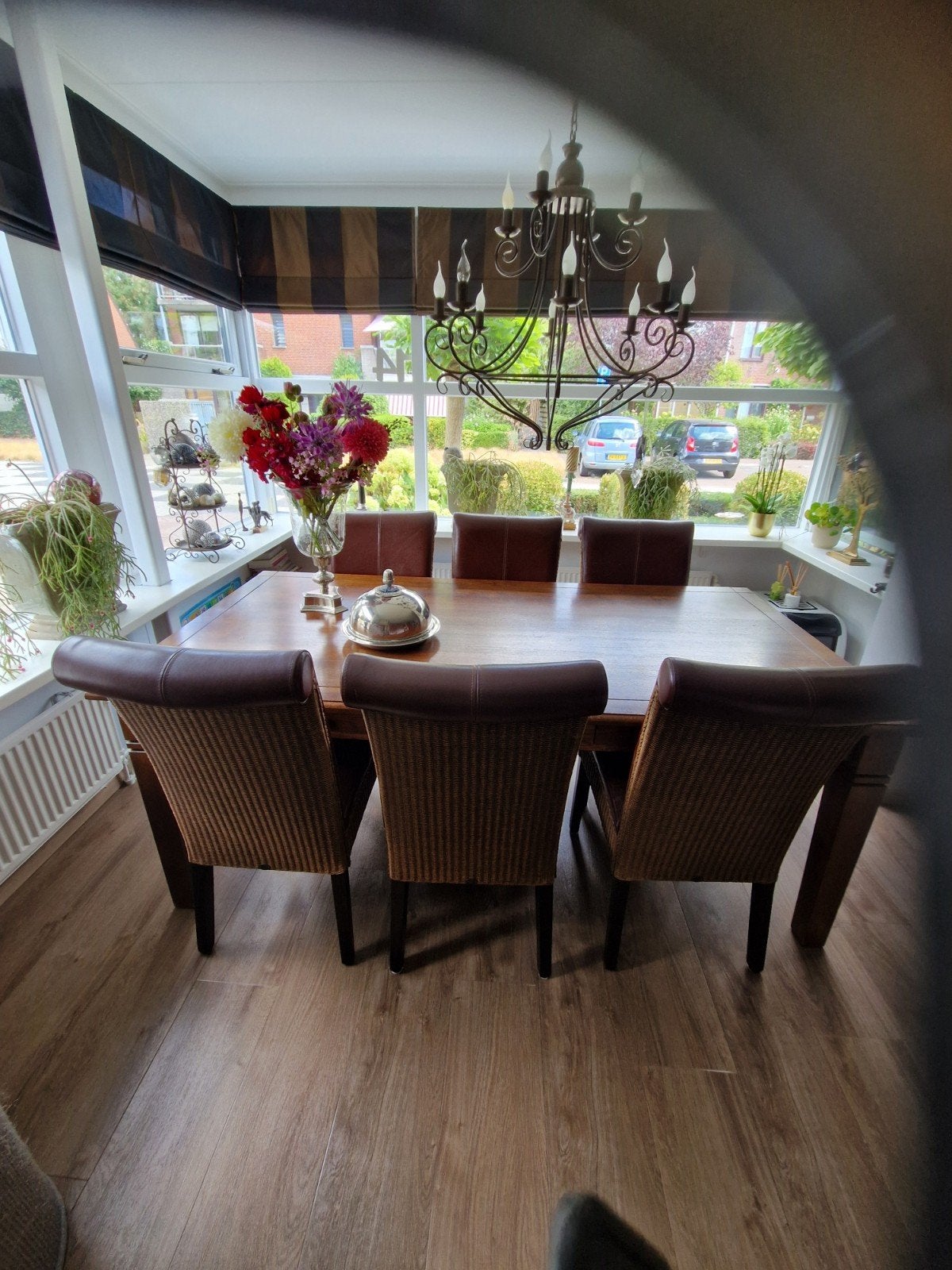Eiken eetkamertafel 200x100cm en 6 Loom stoelen leer/webbing, Gebruikt, 100 tot 150 cm, Klassiek, Eikenhout