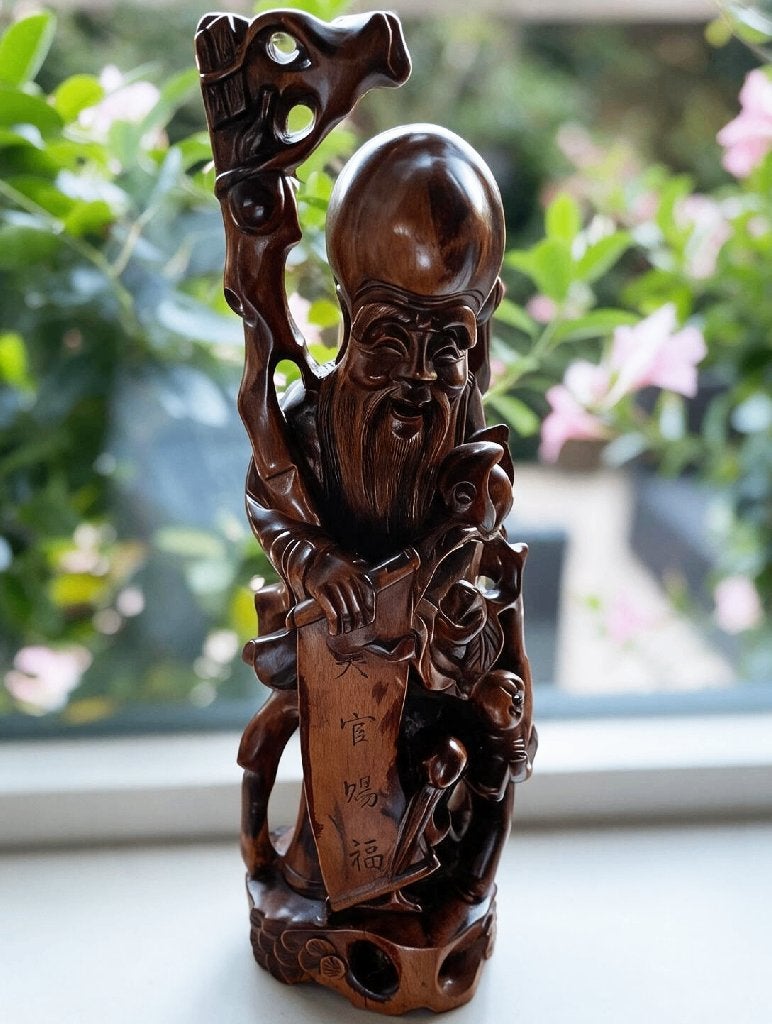 Chinees houten Shou Xing / Shou Lao beeld – 43 cm, Antiek en Kunst, Ophalen, Houtsnijwerk, Handgemaakt, 20 - 50 cm