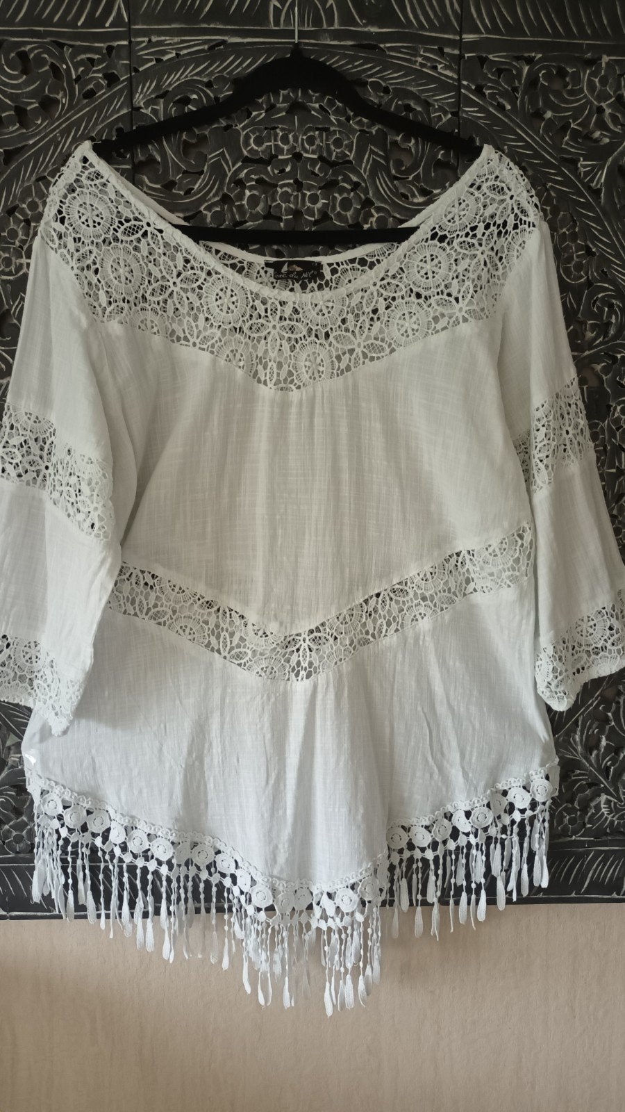 Blanc du Nil Witte Kanten Blouse met Franje - Maat L (40), Maat 38/40 (M), Wit, Ophalen of Verzenden, Zo goed als nieuw