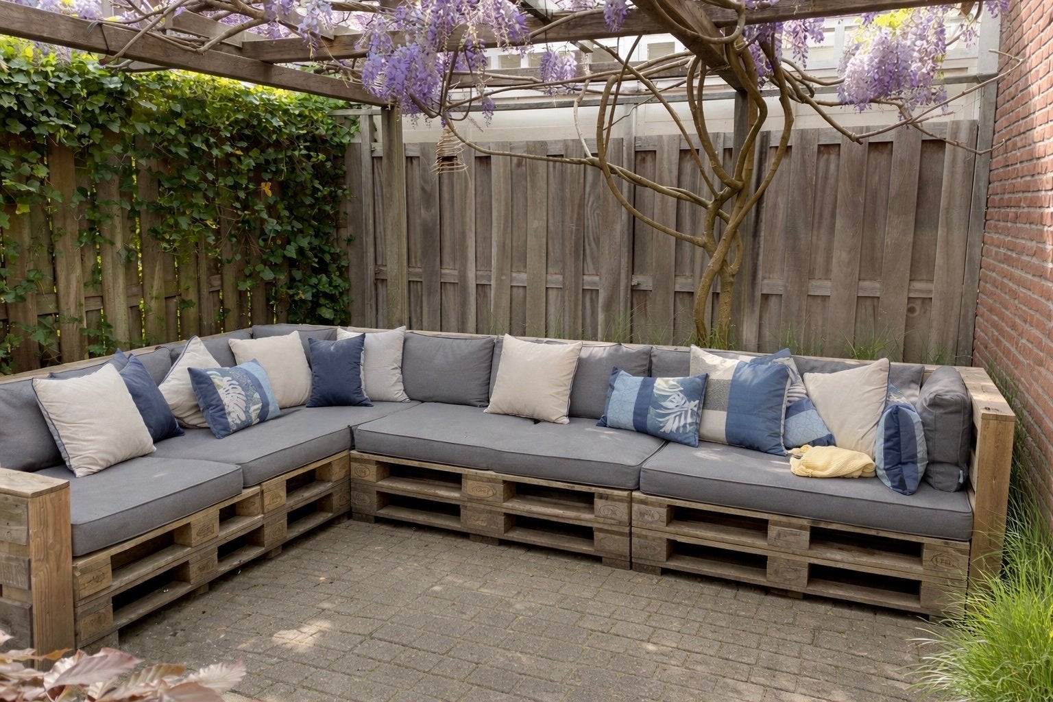 Madison Palletkussens voor 4 Pallets - Grijs/blauw, Ophalen, Overige materialen, Meer dan 8 zitplaatsen, Zo goed als nieuw