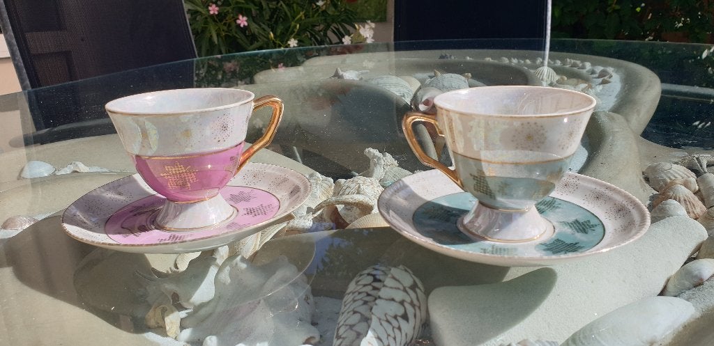 2 antiek koffie & thee koppen met schotels - kobalt, Ophalen of Verzenden