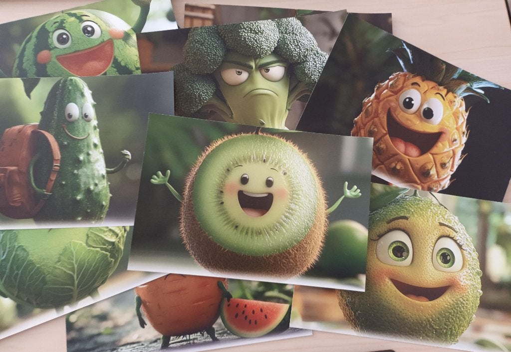 Grappige afbeeldingen met fruit- en groente, Natuur, 1980 tot heden, Ophalen of Verzenden, Zo goed als nieuw