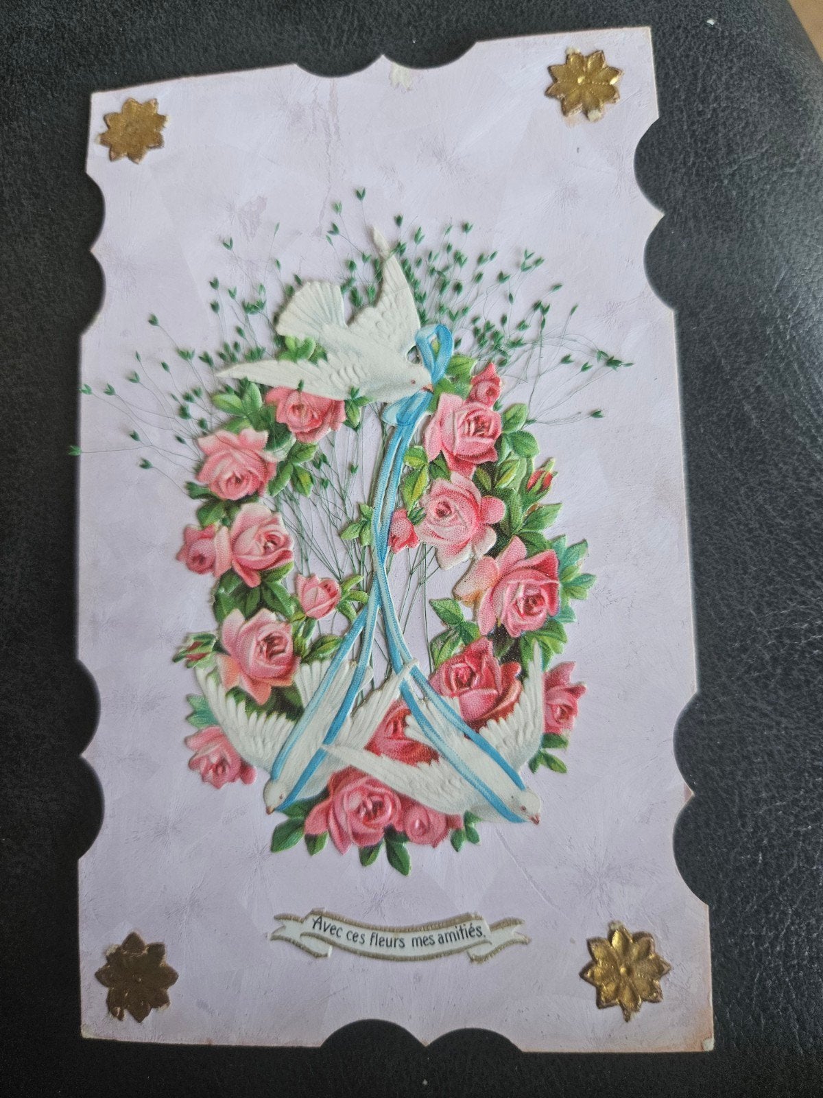 Brocante poesie Ansichtkaart - Duif, Rozen & Vriendschap, Ophalen of Verzenden