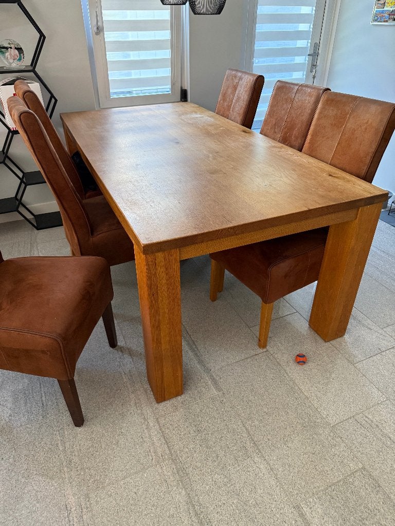 Solid oak dining table and 6 chairs, Ophalen, Gebruikt, Eikenhout, 200 cm of meer