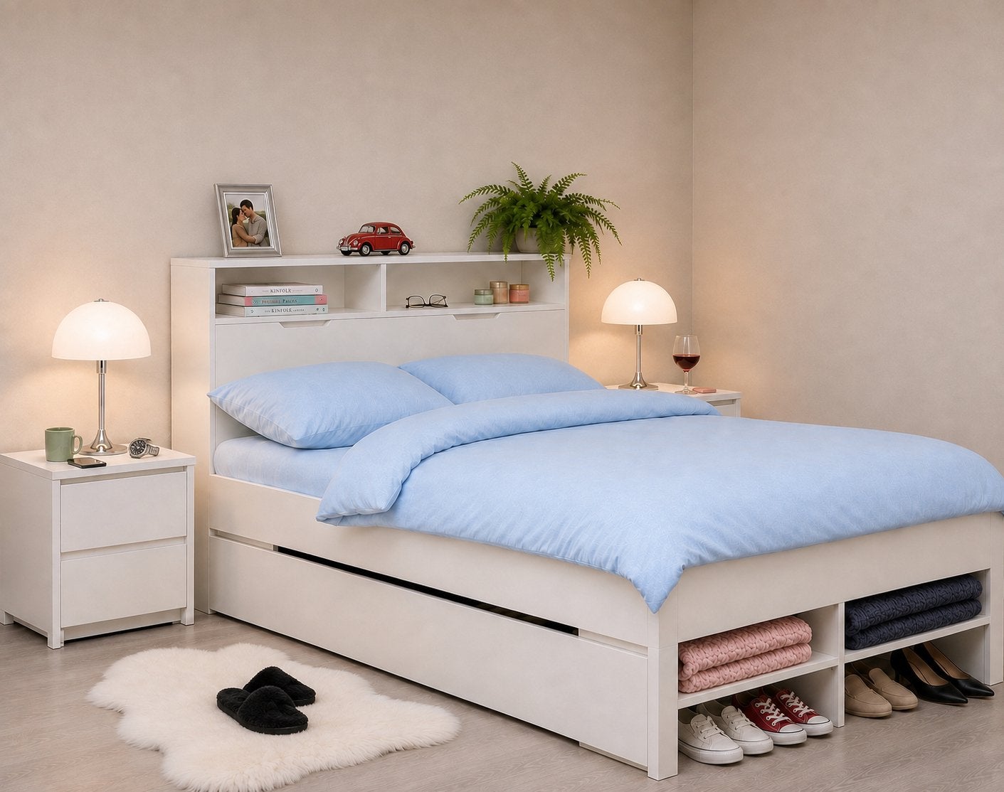 Wit tweepersoonsbed met opbergruimte en hoofdbord 140x200, Huis en Inrichting, Slaapkamer | Bedden, Ophalen, Wit, Tweepersoons