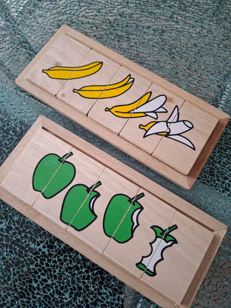 Houten legpuzzel, 5 blokjes, banaan en appel, Ophalen of Verzenden