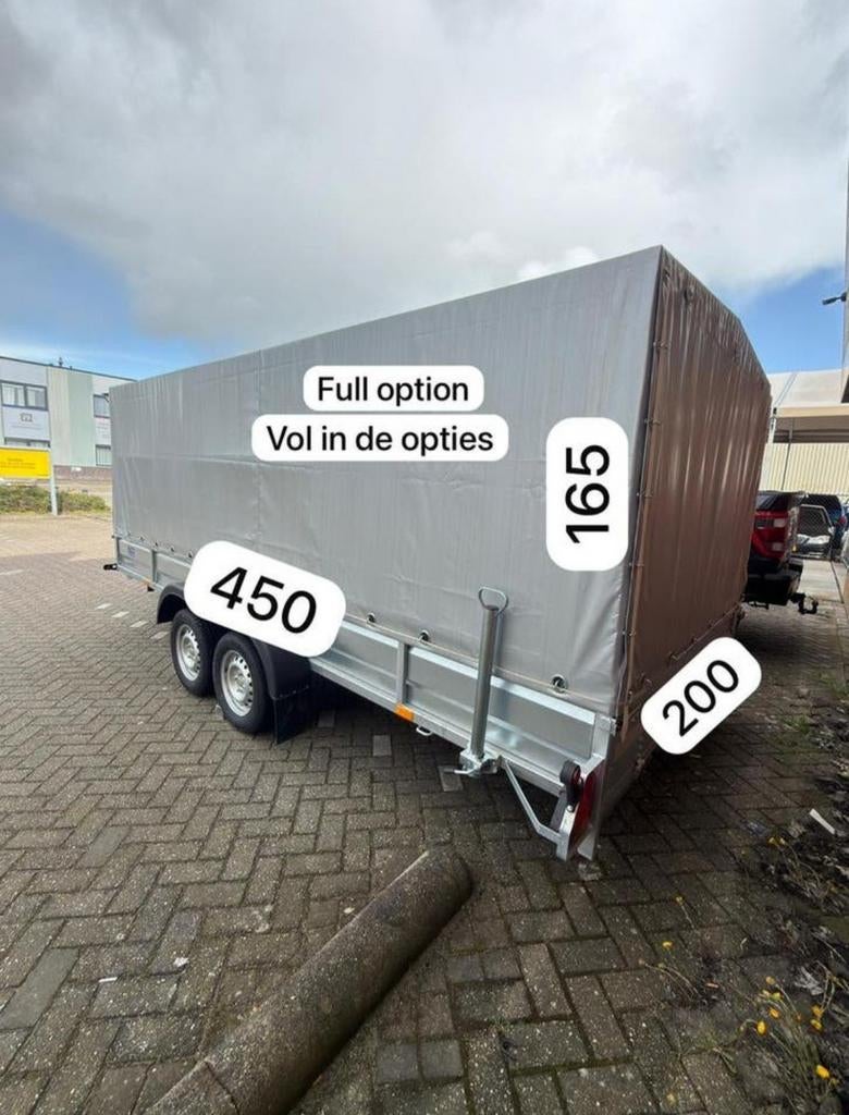 Aanhanger dubbelasser met huif 450x200x165 ZGAN – B rijbewij, Auto diversen, Aanhangers en Bagagewagens, Ophalen, Aanhanger, Zo goed als nieuw