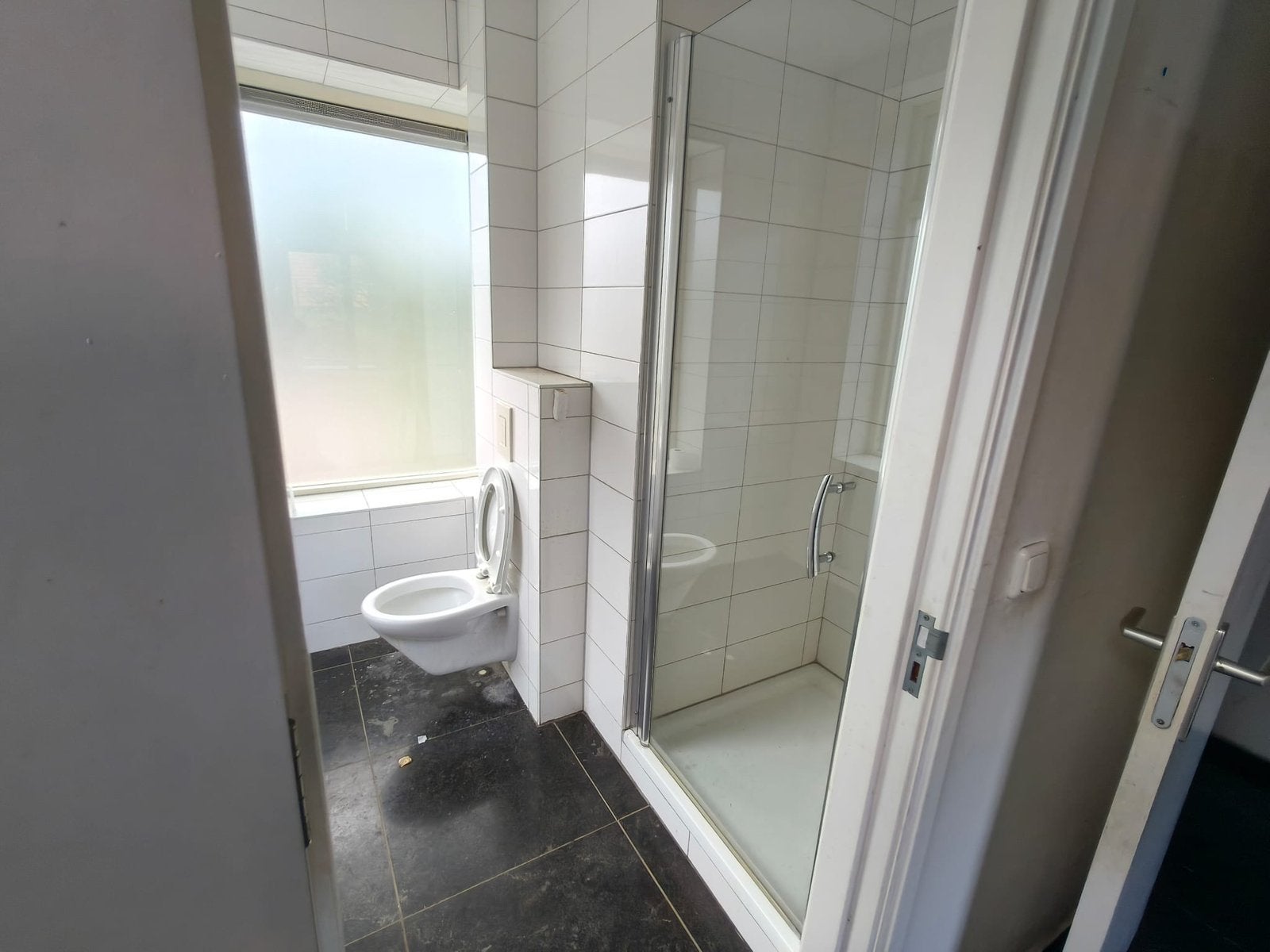 Douchedeur met metalen profielen, Ophalen, Gebruikt, Chroom, Douche