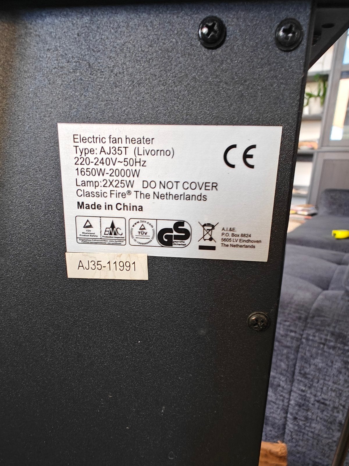 Classic Fire Livorno AJ35T elektrische sfeerhaard 2000W, Ophalen