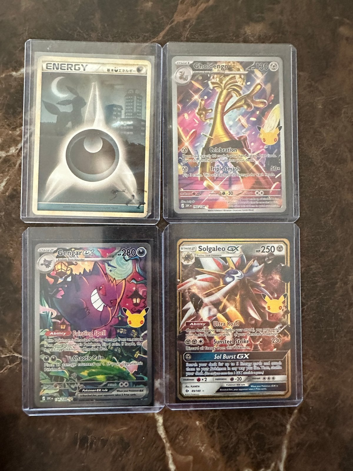 Pokémon Kaarten: Gholdengo, Gengar EX, Solgaleo GX & Energy, Ophalen of Verzenden, Zo goed als nieuw, Meerdere kaarten, Foil