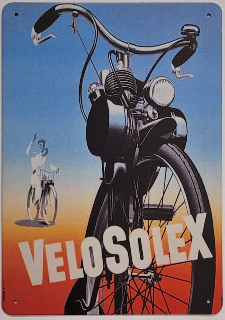 Velo Solex blauw oranje reclamebord van metaal wandbord deco