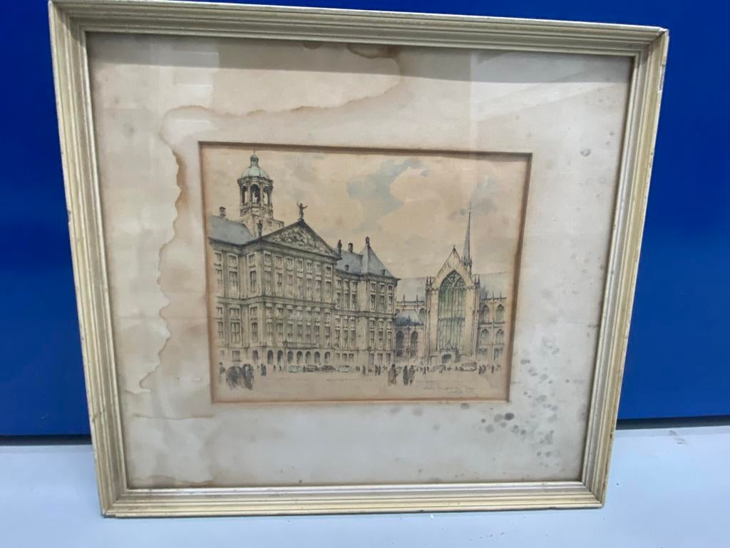 Schilderij ets lithografie paleis op de Dam, Antiek en Kunst, Kunst | Etsen en Gravures, Ophalen of Verzenden