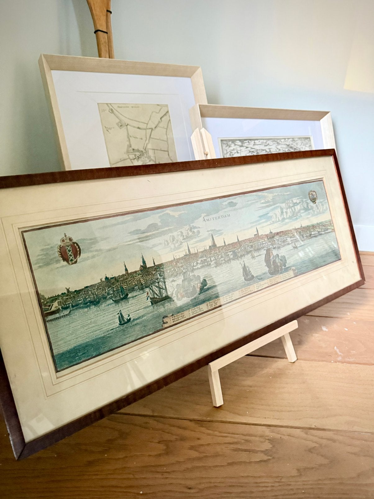 Amsterdams panorama naar Merian met plaatrand & watermerk, Antiek en Kunst, Ophalen