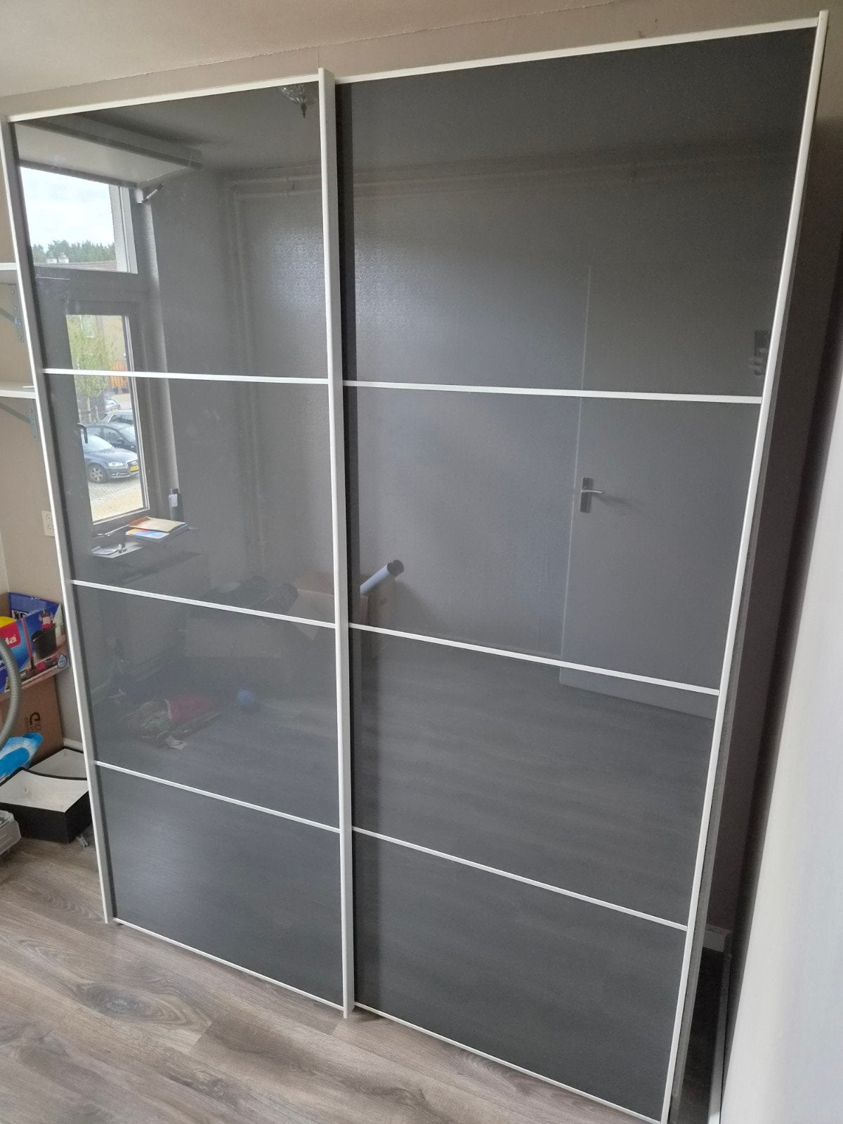 Antracietgrijze linnenkast met schuifdeuren, Huis en Inrichting, Ophalen, Met deur(en), Gebruikt, 200 cm of meer