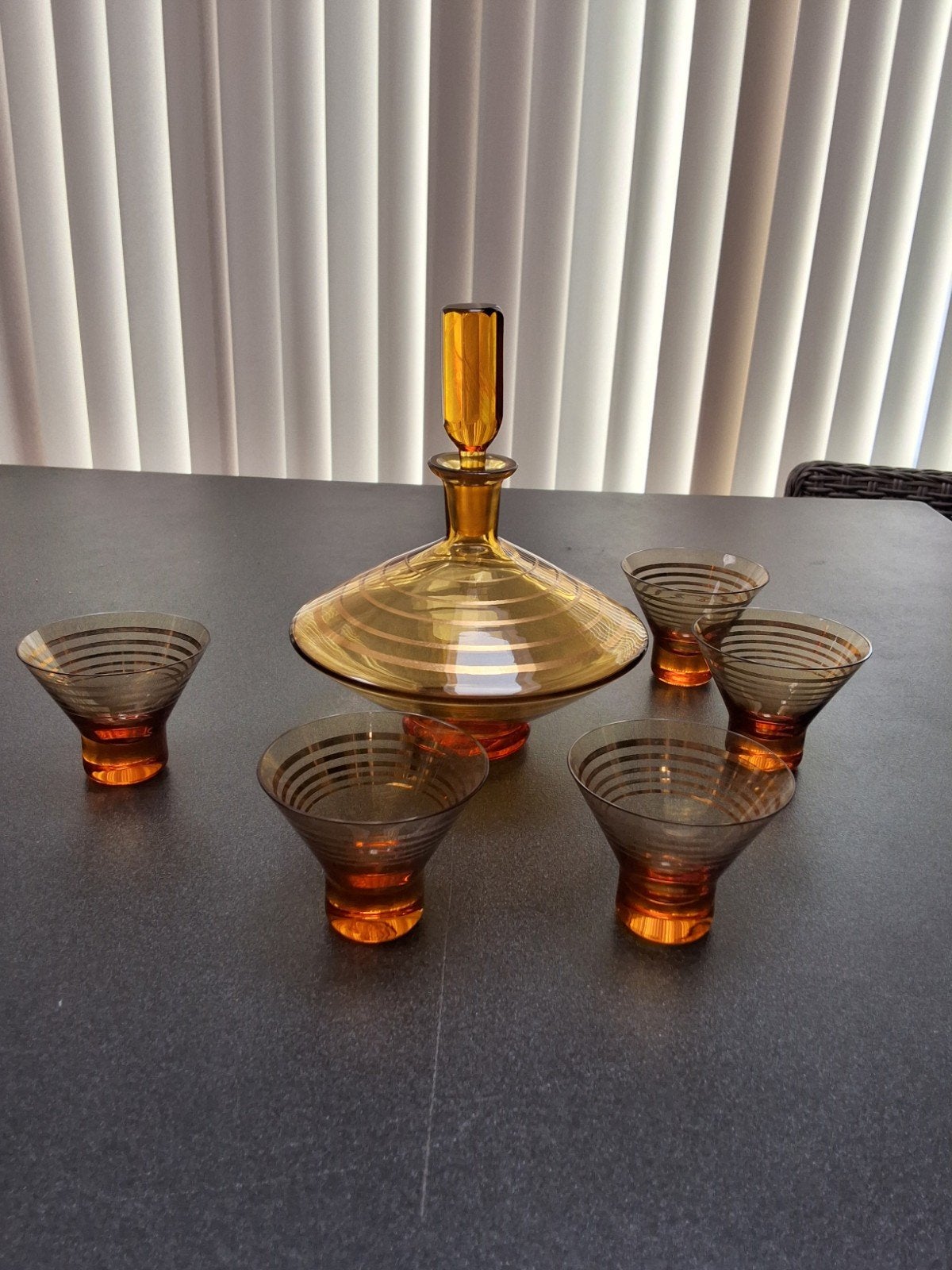 Vintage Amberkleurige Karaf Borrelset met 5 Glazen likeurset, Ophalen of Verzenden