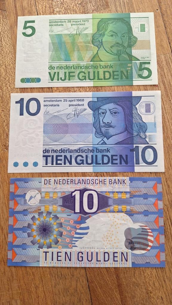 Diverse ongebruikte gave gulden briefjes + 5 gulden munt, Ophalen of Verzenden