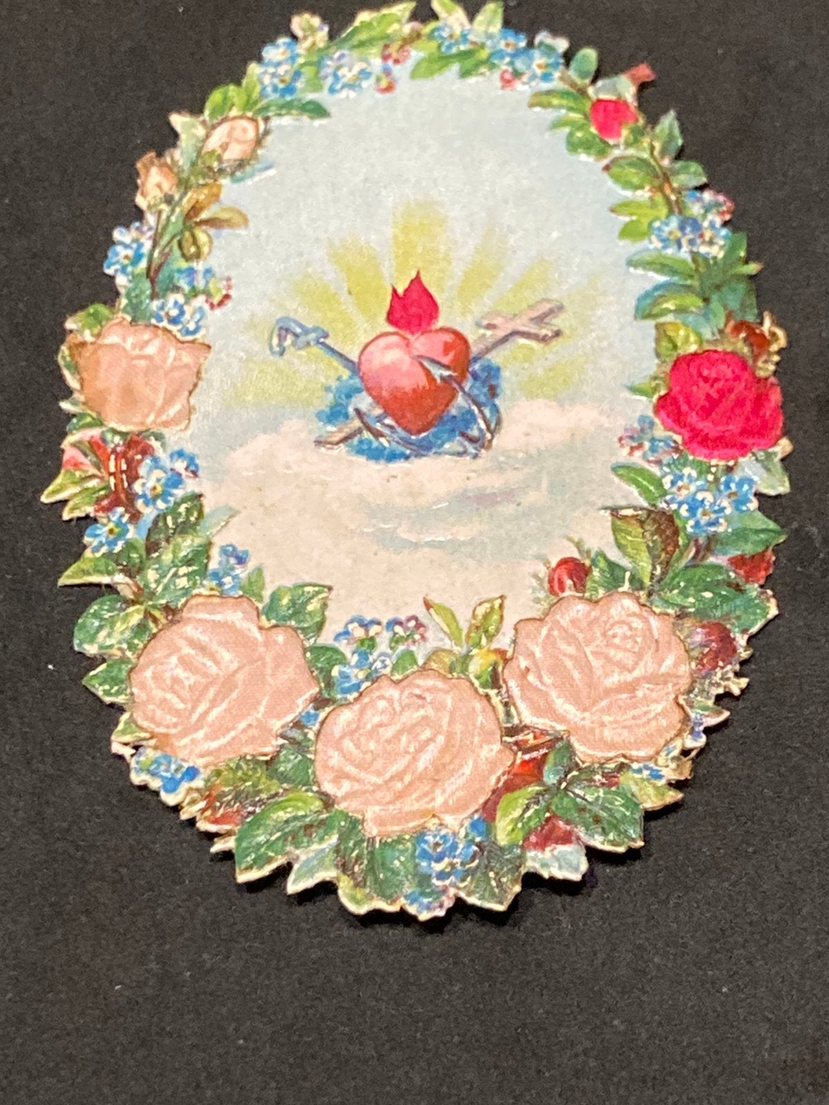 Antiek poezie plaatje met zijden bloemen (190826), Ophalen of Verzenden