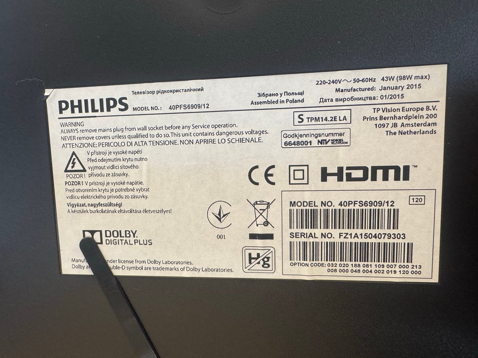 Philips TV 40 inch - Model 40PFS6909/12, Ophalen, Philips, 50 Hz, 100 cm of meer