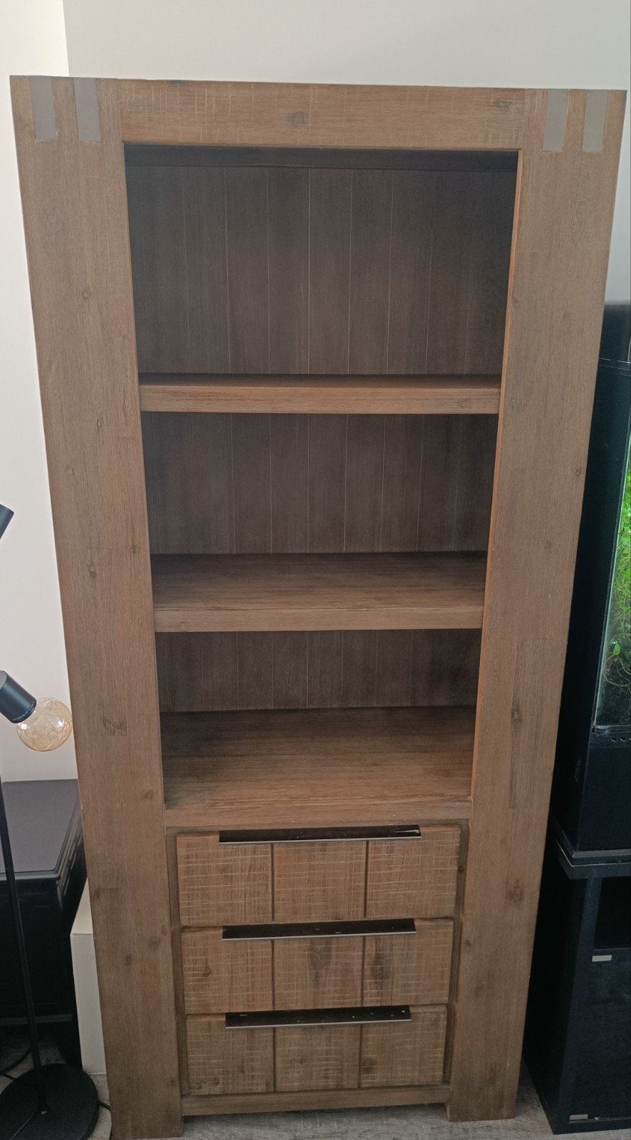 Houten boekenkast met lades en planken, Huis en Inrichting, Kasten | Boekenkasten, Ophalen, Met plank(en), Minder dan 50 cm, Gebruikt