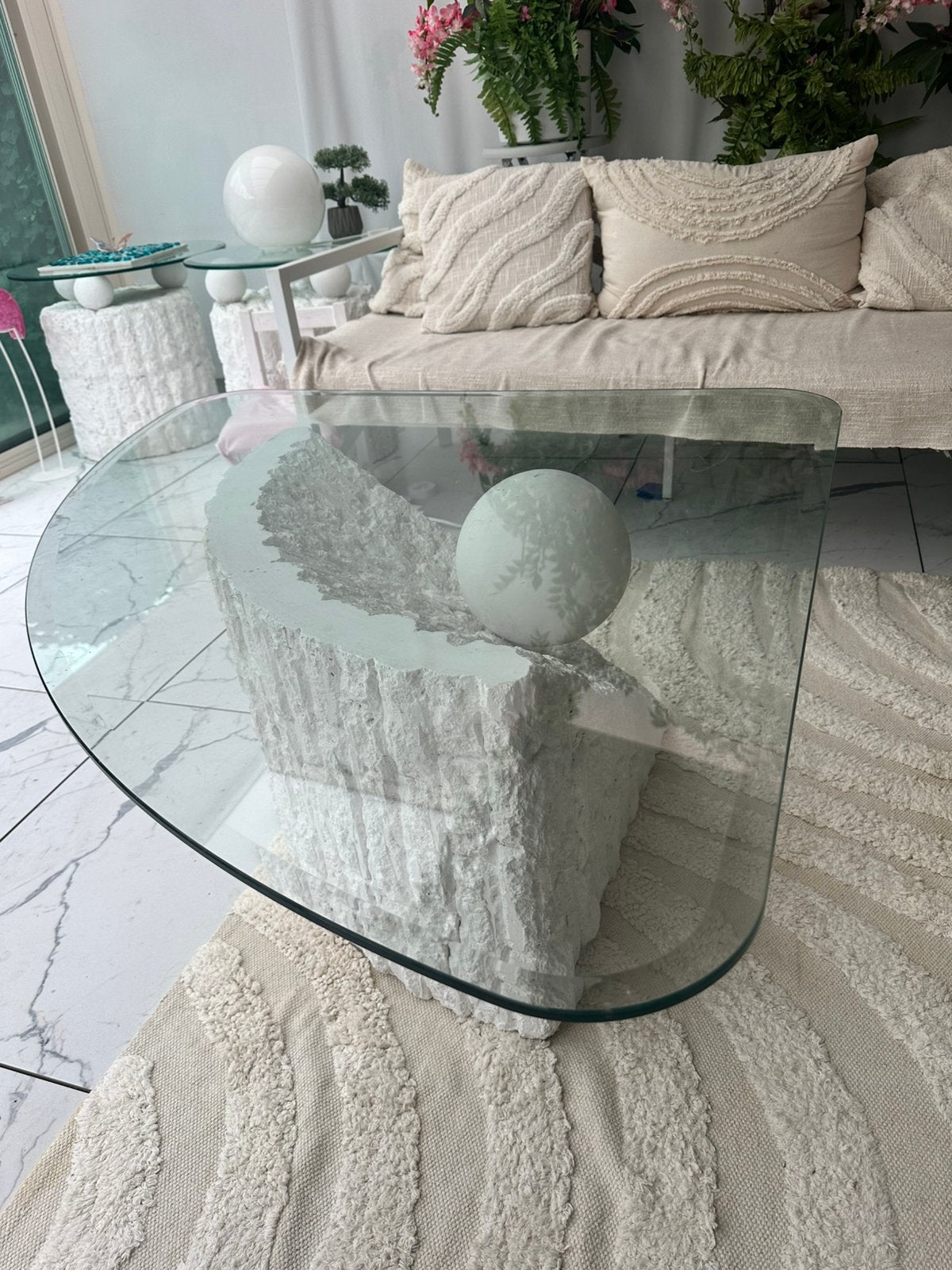 Luxe Salontafel + 2 Bijzettafels | Glas, Gips & Composiet, Ophalen, Rond, 50 tot 100 cm, Glas