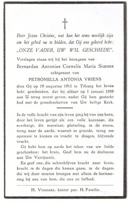 Simons Bernardus  1911 Tilburg 1959, Verzamelen, Bidprentjes en Rouwkaarten, Ophalen of Verzenden, Bidprentje