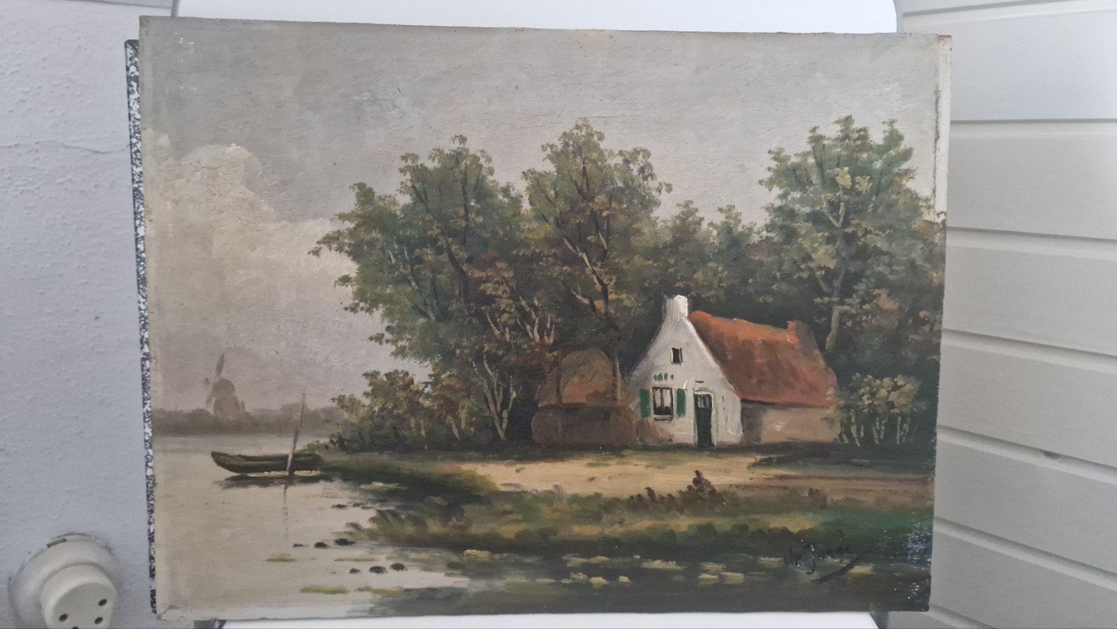 Olieverfschilderij 'Huisje aan het water' gesigneerd, Antiek en Kunst, Ophalen, Doek, Landschap, Olieverf