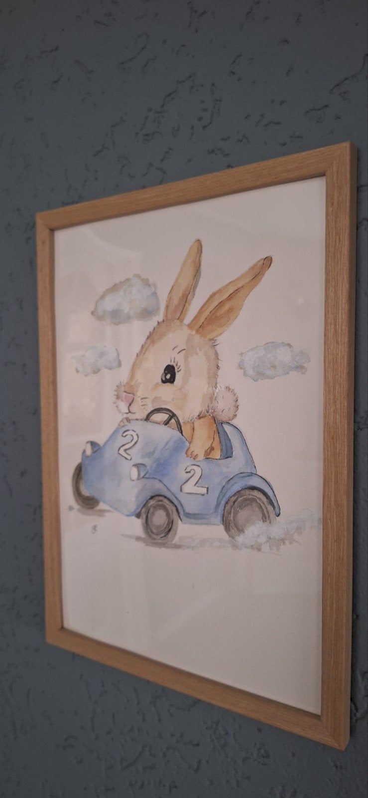 Handgeschilderde Aquarel: Konijn in Auto (Ingelijst), Ophalen of Verzenden