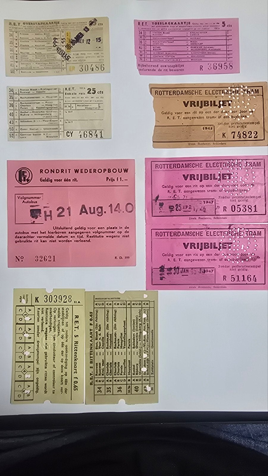 9 oude RET Rotterdamse tram- en buskaartjes (jaren '40), Ophalen of Verzenden, Gebruikt, Tram