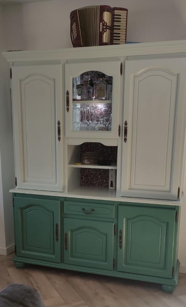Vintage buffetkast / servieskast – uniek geschilderd, Ophalen, Gebruikt, Met deur(en), 200 cm of meer