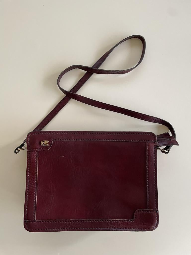 Vintage PE Florence Leren schoudertas met vakken Bruin-Rood, Overige merken, Bruin, Ophalen of Verzenden, Zo goed als nieuw