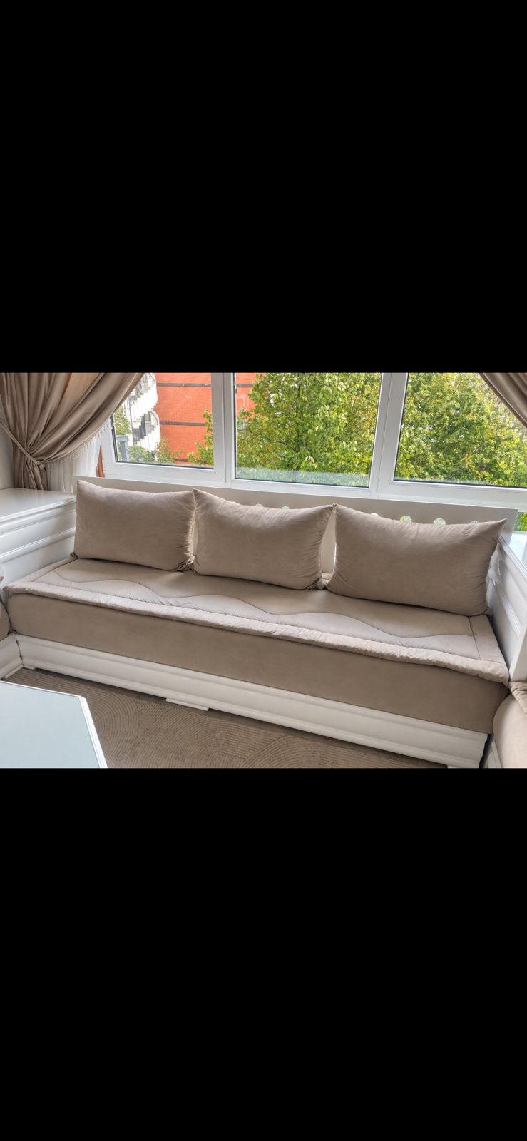 Complete Marokkaanse zithoek met tafel en gordijnen, Ophalen, Gebruikt, Hoekbank, 300 cm of meer