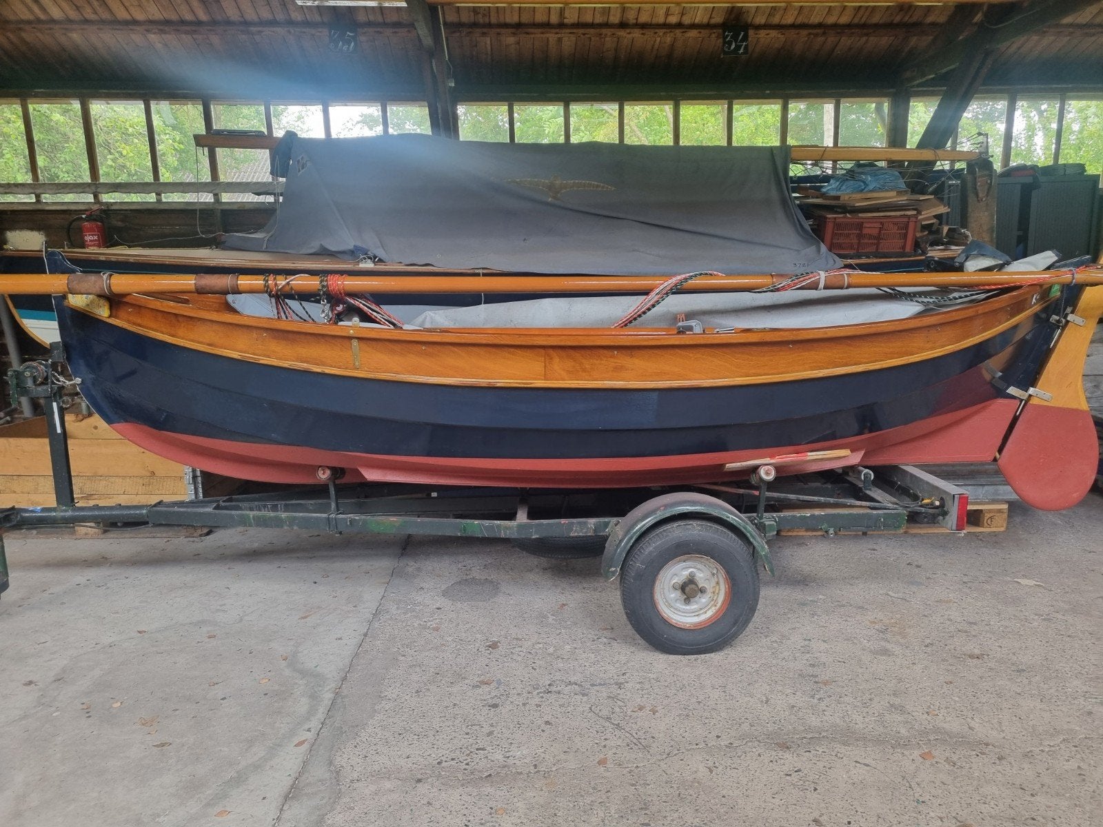 Prachtige hout-epoxy motor, roei en zeilsloep - lobster12.5, Ophalen, Hout, Dekzeil, Buitenboordmotor