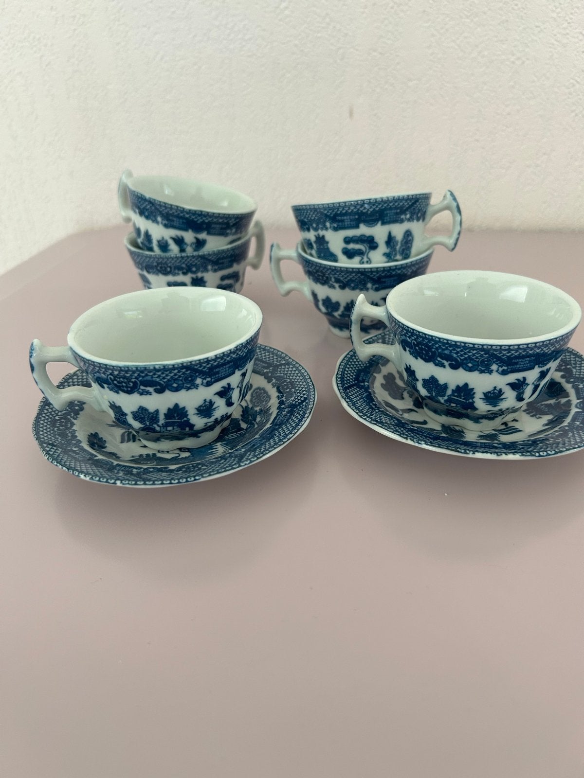 Set van 6 kopjes en 2 schaaltjes, blauw-wit decor, Antiek en Kunst, Ophalen of Verzenden