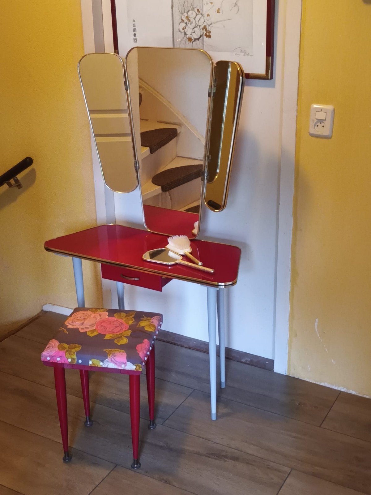 Vintage Kaptafel met Krukje en Driezijdige Spiegel, Antiek en Kunst, Ophalen