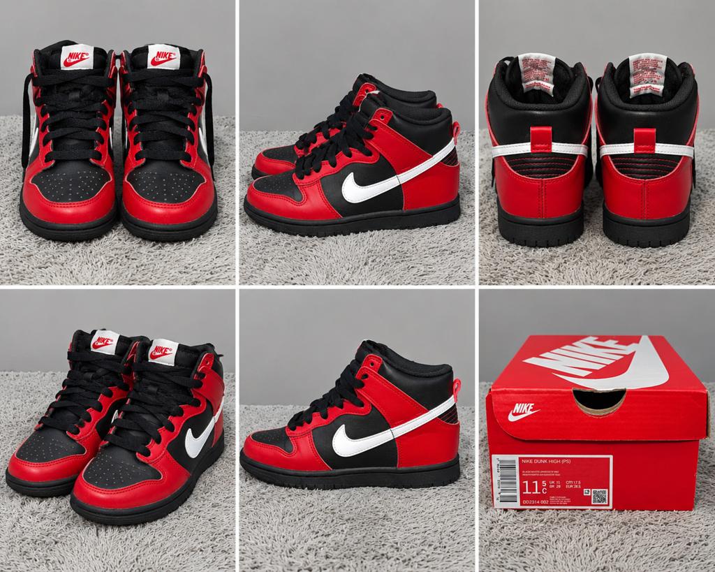 Nike Dunk High (PS) - Zwart/Rood/Wit, Schoenen, Ophalen of Verzenden, Zo goed als nieuw, Jongen