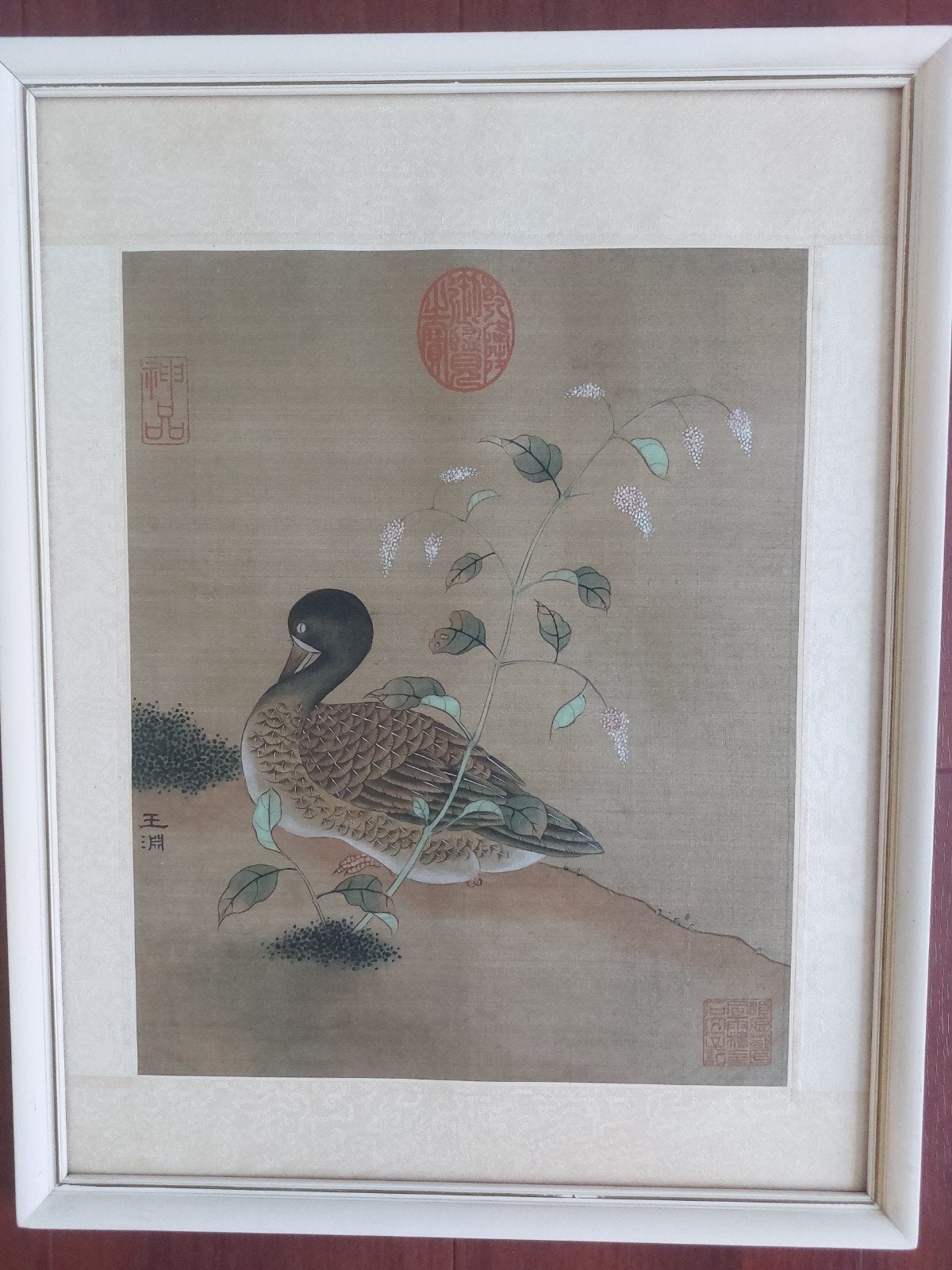 Oosters schilderij eend met bloesem, gesigneerd, Papier/karton, Gesigneerd, Ophalen of Verzenden, Dieren