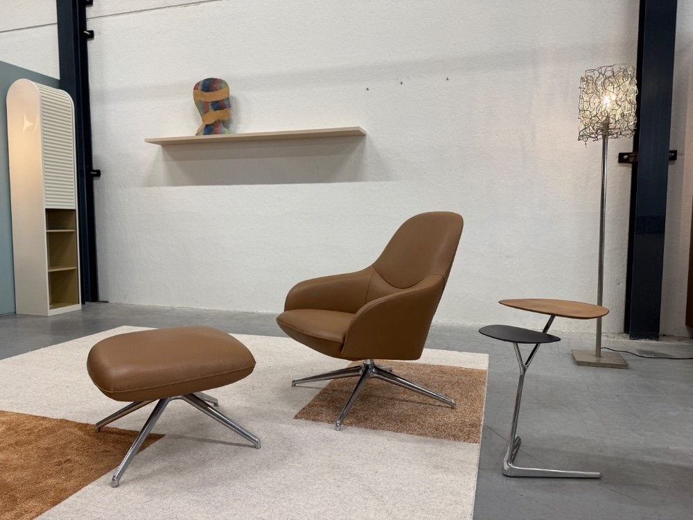 Nieuw Leolux Lanah Draai fauteuil met poef Leer Camel Stoel