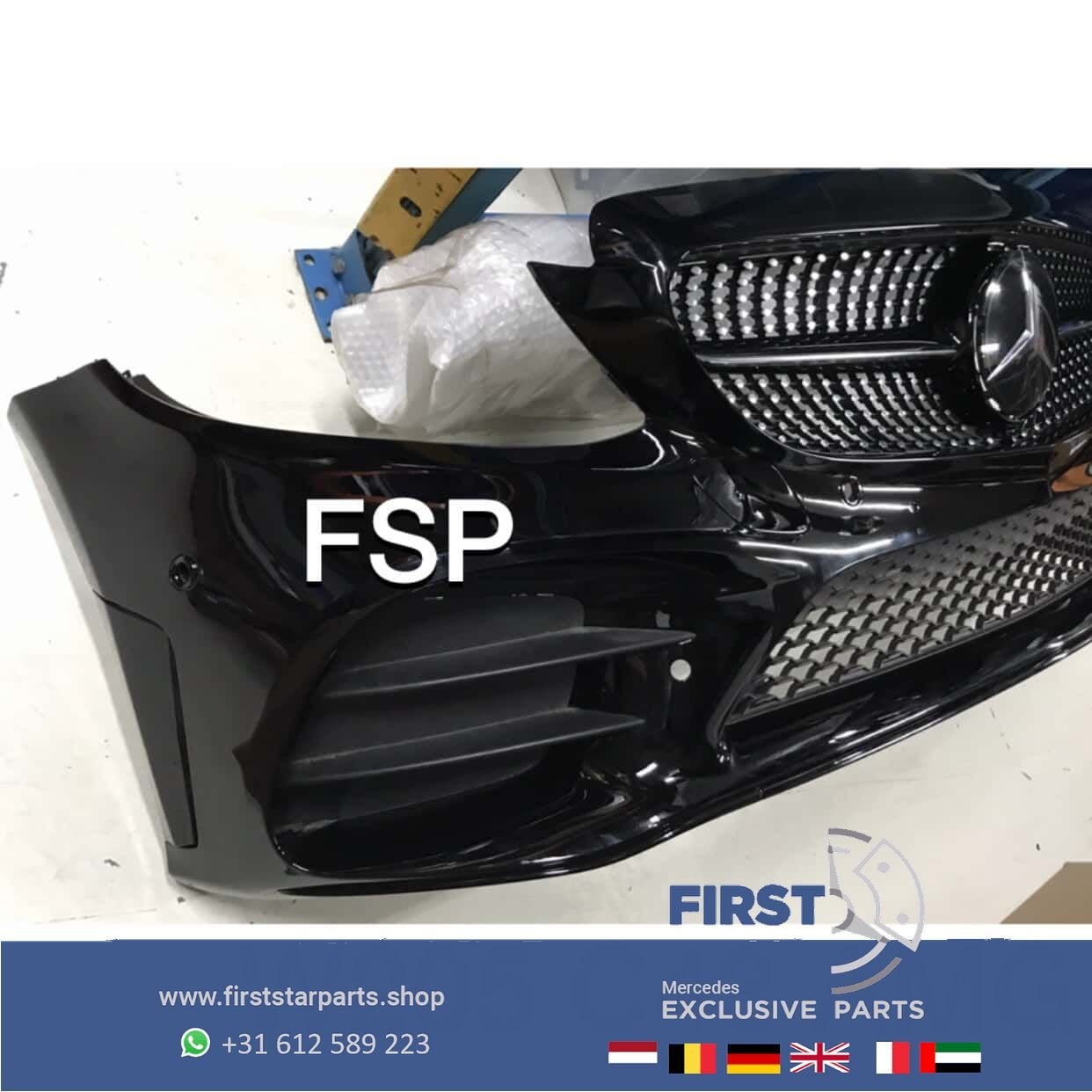 W205 C43 AMG VOORBUMPER Mercedes C Klasse 2020 ZWART ORIGINE, Auto-onderdelen, Gebruikt, -, Voor, Ophalen of Verzenden
