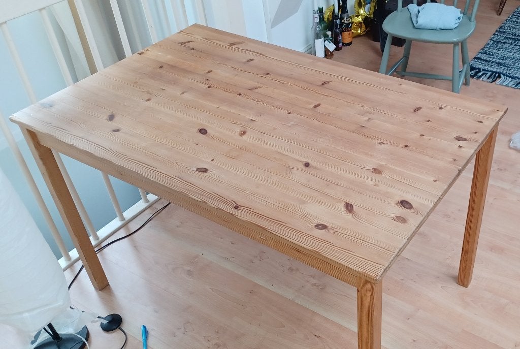 Houten eettafel van massief grenenhout, Ophalen, Gebruikt, 200 cm of meer, 50 tot 100 cm
