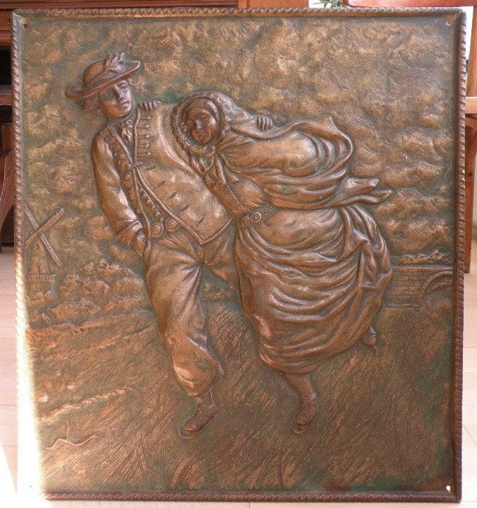 Koperen/bronzen plaquette schaatsers. Groot. 1900-1925., Antiek en Kunst, Ophalen of Verzenden