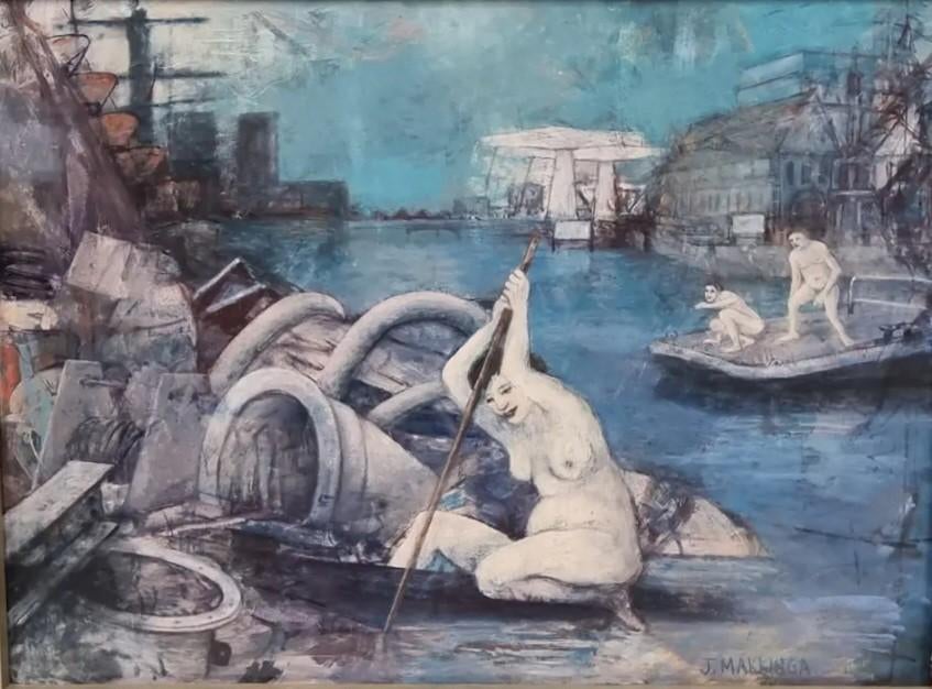Jenny Makkinga - Surrealistisch tafereel aan het water, Antiek en Kunst, Kunst | Schilderijen | Klassiek, Ophalen