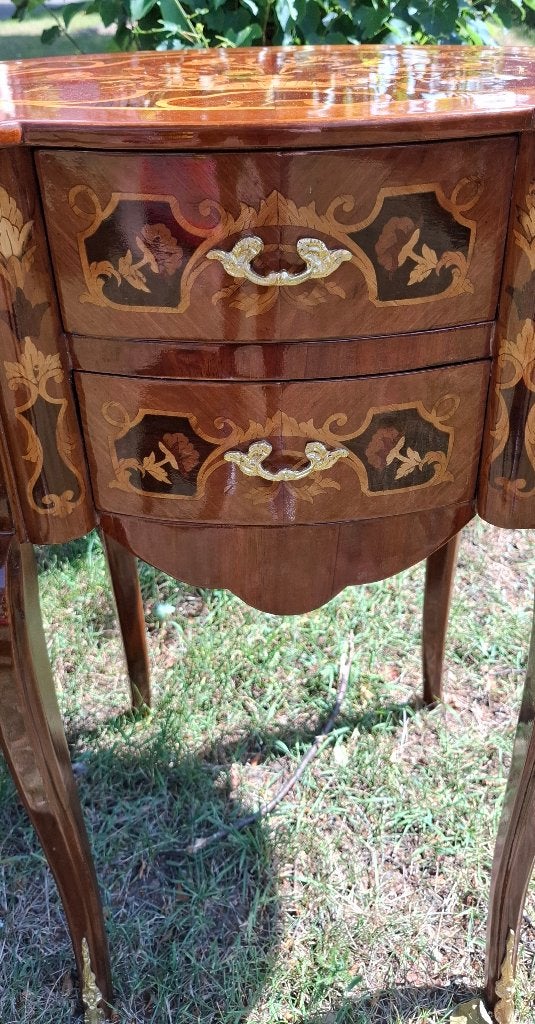 Antieke Franse Louis XV Bijzettafel, Marqueterie & Brons, Ophalen