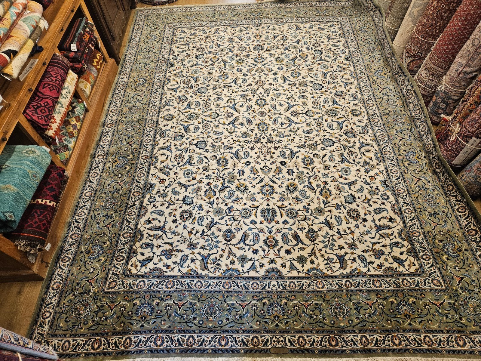 Vintage handgeknoopt perzisch tapijt kashan 402x293, Info@SlatsAntiek.nl, Tweedehands, Perzisch, Ophalen of Verzenden