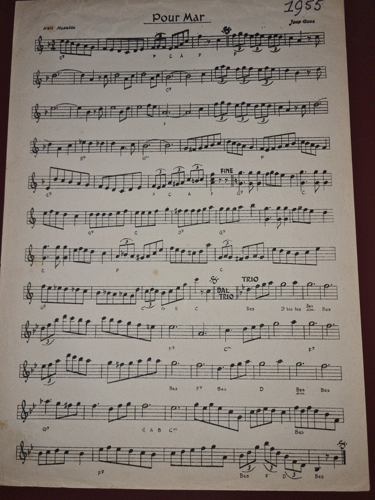 Vintage bladmuziek 'Pour Mar' van Joop Goos (1955), Gebruikt, Overige genres, Overige soorten, Overige instrumenten